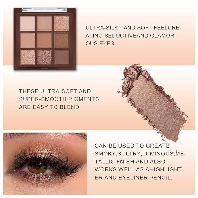 9 Colors Neutral Brown Glitter Eyeshadow Palette – Matte & Shimmer High Pigment Long-Lasting Blendable Bronze Gold Nude Eye Shadow for Soft Glam, Smokey Eyes, Daily Makeup & Mature Lids