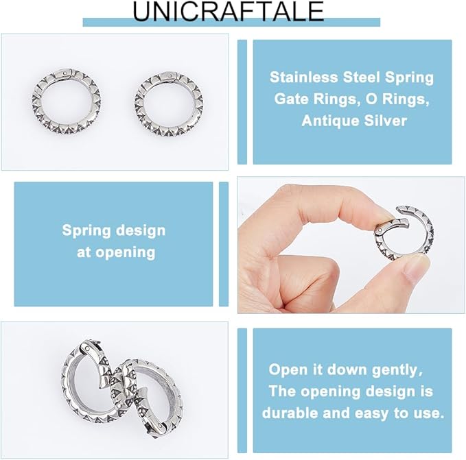 UNICRAFTALE 2pcs Stainless Steel Spring Gate Rings Antique Silver Metal O Rings Hollow Round Ring Circle Connector Keychain Rings for Jewelry Making Inner 15mm