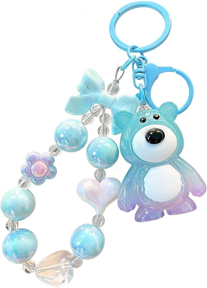 Bear Keychain For Women, Acrylic Bow Heart Flower Beaded Wristlet Gradient Color Colorful Gift Accessories