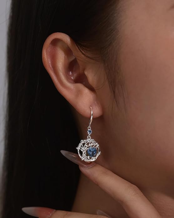FANCIME Tree of Life Dangle Drop Earrings 925 Sterling Silver Dainty Round Gemstone Birthstone Earring Fine Jewelry Birthday Christmas Gifts for Her Women