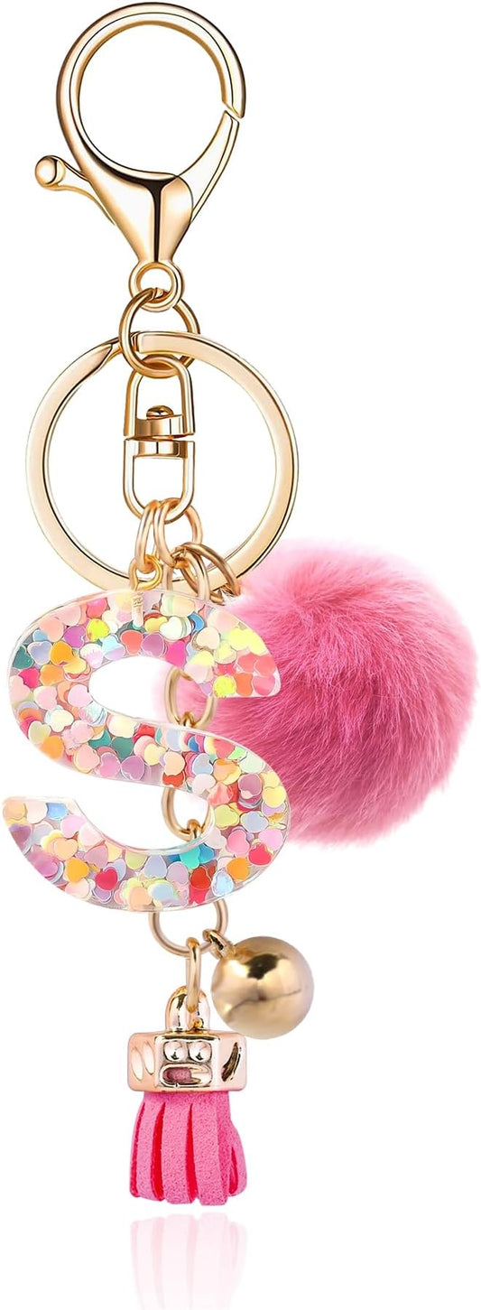 Resin Alphabet Initial Letter Keychain Keyring for Women Purse Handbags With Fur Ball Pom