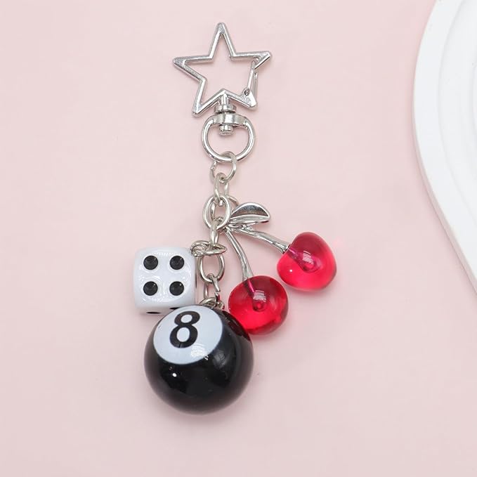 8 Ball Dice Keychain, Y2k Dice Purse Bag Charm with Cherry Star Heart Handbag Accessories for Women Men