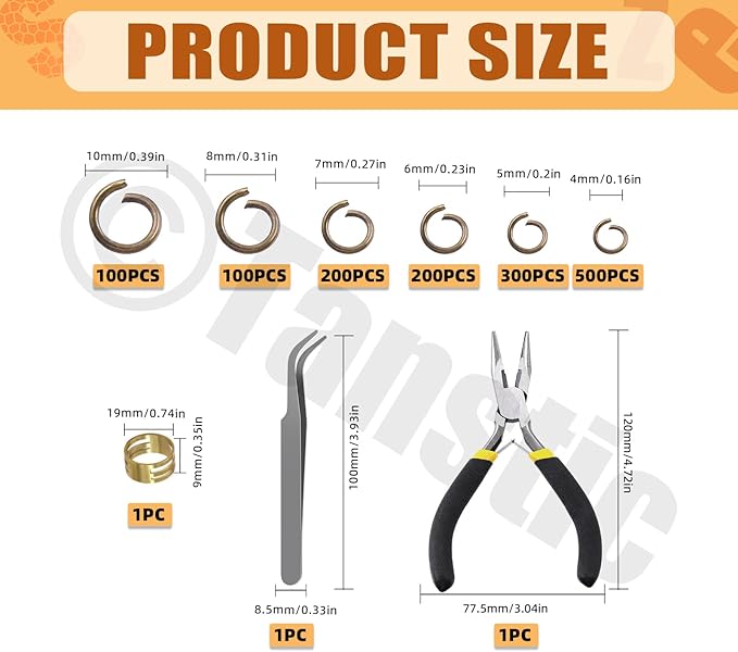 Tanstic 1403Pcs Bronze Open Jump Rings Kit, 4mm, 5mm, 6mm, 7mm, 8mm, 10mm Jewelry Jump Rings with Jump Ring Opener, Jewelry Pliers and Tweezer for Jewelry Making