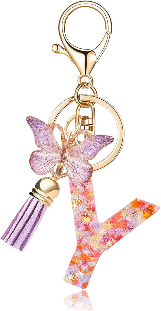 Fashion Alphabet Initial Letter Keychain Tassel Butterfly Pendant Key Ring for Purse Handbags Women Girl