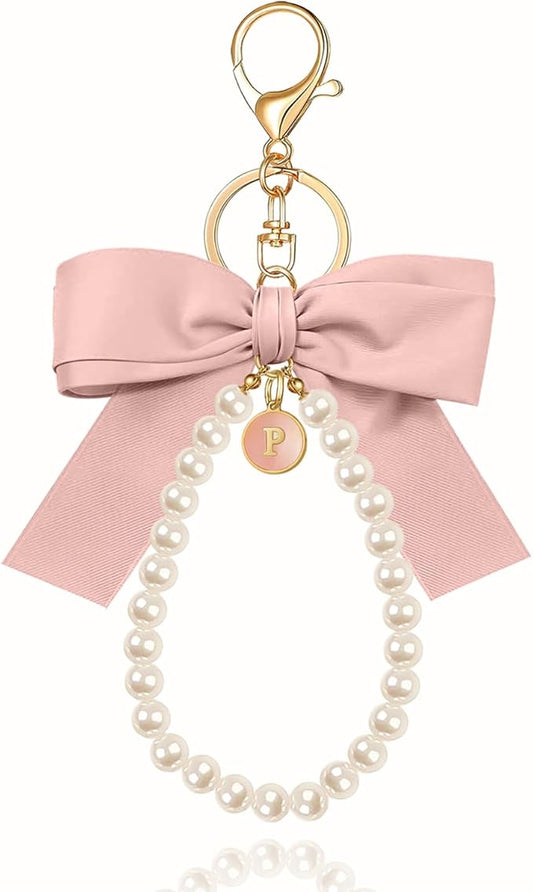XGALBLA Initial Letter Cute Coquette Bow Keychain for Women, Wristlet Simulated Pearl Keychains Bag Charms for Handbags