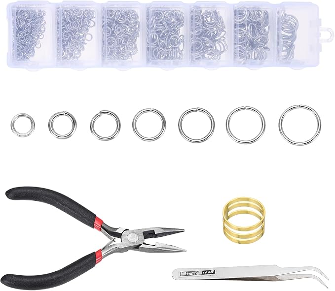 MECCANIXITY 1170Pcs Jump Rings for Jewelry Making, 7 Sizes Jewelry Making Kit with Jump Ring Opener & Pliers for Keychains Earings Repairing DIY Crafting Silver