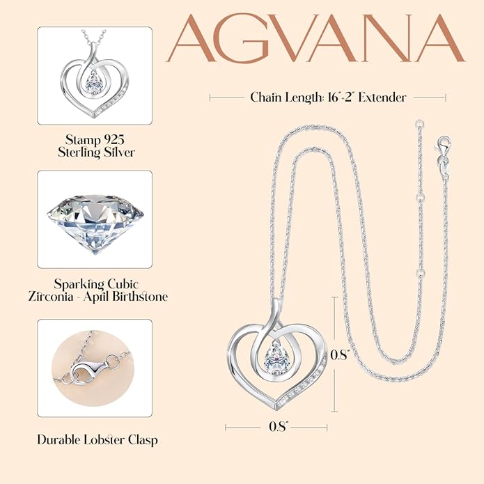 AGVANA Christmas Gifts Heart Birthstone Necklace for Women Sterling Silver Genuine or Created Gemstone Forever Love Pendant Necklace Fine Jewelry Anniversary Birthday Gifts for Women Mom Wife