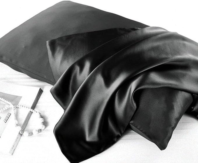 Mulberry Silk Pillowcases Set of 2, Hypoallergenic Satin Pillow Covers for Hair and Skin, with Hidden Zipper, Both Side 100% 19 Momme Silk (Black,King)