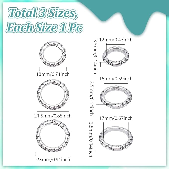 UNICRAFTALE 3Pcs 3 Sizes Spring Gate Rings 304 Stainless Steel Tibetan Style Textured Spring Clasps Antique Silver 7 Gauge Carabiner Keyring Snap Rings Buckle for Decoration Keychain Making