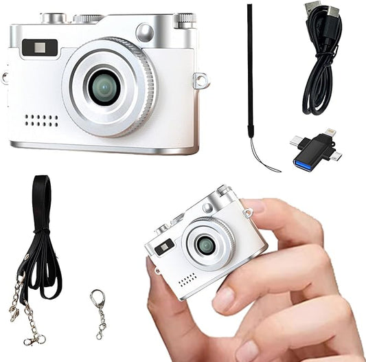 Keychain Retro Camera，Mini Micro Digital Tiny Digital Photo Camera，1080P FHD Tiny Portable Small Cameras Pocket Video Recorder，for Travel Study Recording (White-No Memory Card)