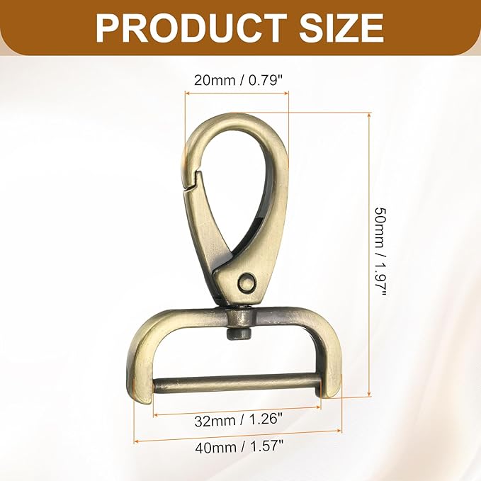 HARFINGTON 2Pcs Detachable Snap Hook Swivel Clasp 1 1/4" D Ring with Swivel Lobster Claw Clasps Hook for Purse Strap Keychain Bag DIY Craft, Brass