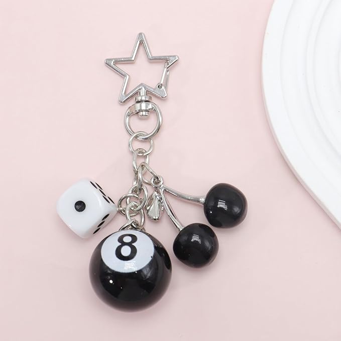 8 Ball Dice Keychain, Y2k Dice Purse Bag Charm with Cherry Star Heart Handbag Accessories for Women Men