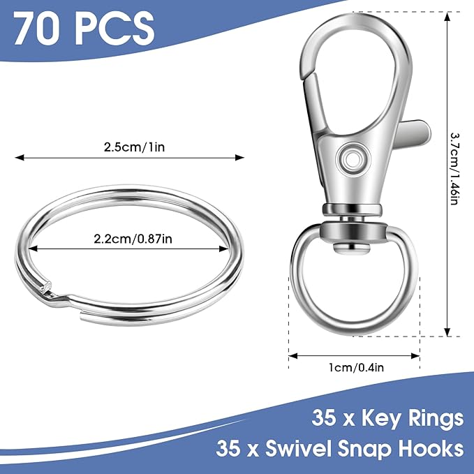 70PCS in 35 Sets, Swivel Lobster Claw Clasps, Key Chain Hooks and Large Key Ring, Premium Keychain Clips with Key Rings, Snap Hooks for Making Kit, Jewelry Crafts, HnoaTovy (Silver)