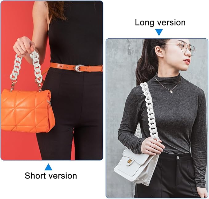 DaKuan 2 Pack White Acrylic Large Flat Bag Chains - 15.7" Handbag Strap & 23.5" Adjustable Shoulder Strap | Detachable Replacement Straps for Tote Bags, Purses, Clutches, DIY Crafts
