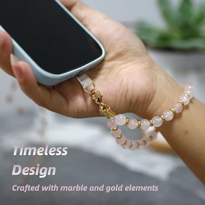 Marble Beaded Phone Wrist Strap,Detachable Phone Bracelet Strap with Tether Tab,Hands-Free Wristlet Strap (White crystal)