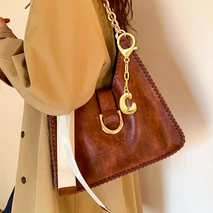 VICKHU Gold Plated Bubble Initial Letter Cute Keychain for Women Car Key Purse Decorative Keyring Handbag Charms Fashion