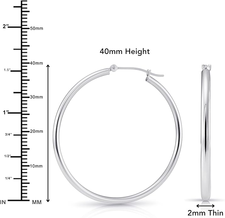 Classic 10K White Gold Hoop Earrings - Shiny Polished Plain Round Gold Hoops for Women and Men