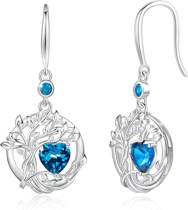 FANCIME Tree of Life Dangle Drop Earrings 925 Sterling Silver Dainty Round Gemstone Birthstone Earring Fine Jewelry Birthday Christmas Gifts for Her Women