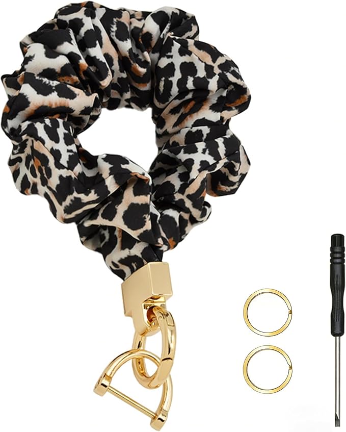 Scrunchie Wristlet Keychain for Women Men, Cute Stretchy Wrist KeyChain for Car Keys with 3 Keyrings and 1 D ring
