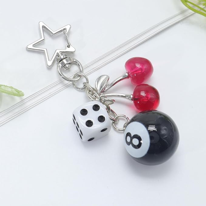 8 Ball Dice Keychain, Y2k Dice Purse Bag Charm with Cherry Star Heart Handbag Accessories for Women Men