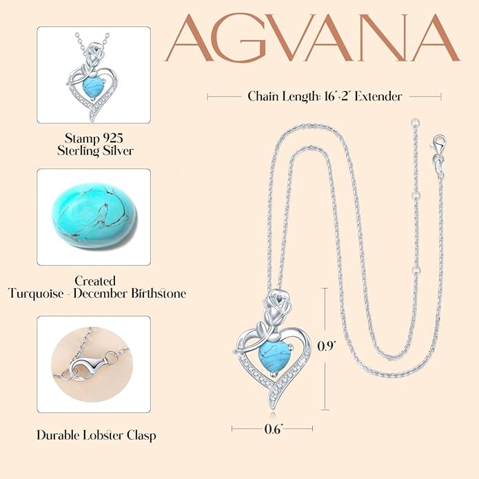 AGVANA Christmas Gifts Rosy Reverie Birthstone Necklace for Women Sterling Silver Genuine or Created Gemstone Rose Flower Heart Pendant Necklace Anniversary Birthday Gifts for Women Mom Wife Her