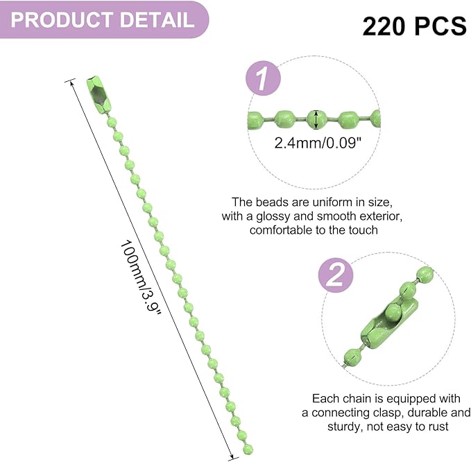 uxcell 220pcs Metal Ball Bead Chain, 100mm Long Bead Connector Clasp Dog Tag Hanging Chain for Key Chains Tags Craft Projects Jewelry Making, Light Green