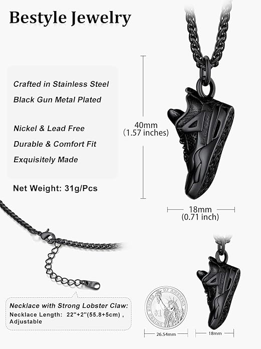 Bestyle Sneaker Shoe Necklace for Men, Chunky Vintage Black Gold Shoe Pendant Cool Cute Sport Jewelry for Brother Husband