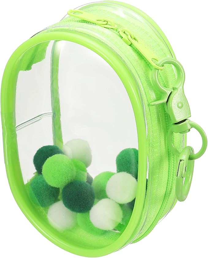 uxcell 4 Inch Clear Figure Display Bag, Mini Clear Pouch Waterproof Coin Pouch with Keychain and Pom Poms for Blind Box Doll Display (Round, Light Green)