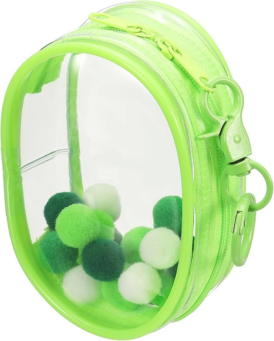 uxcell 4 Inch Clear Figure Display Bag, Mini Clear Pouch Waterproof Coin Pouch with Keychain and Pom Poms for Blind Box Doll Display (Round, Light Green)