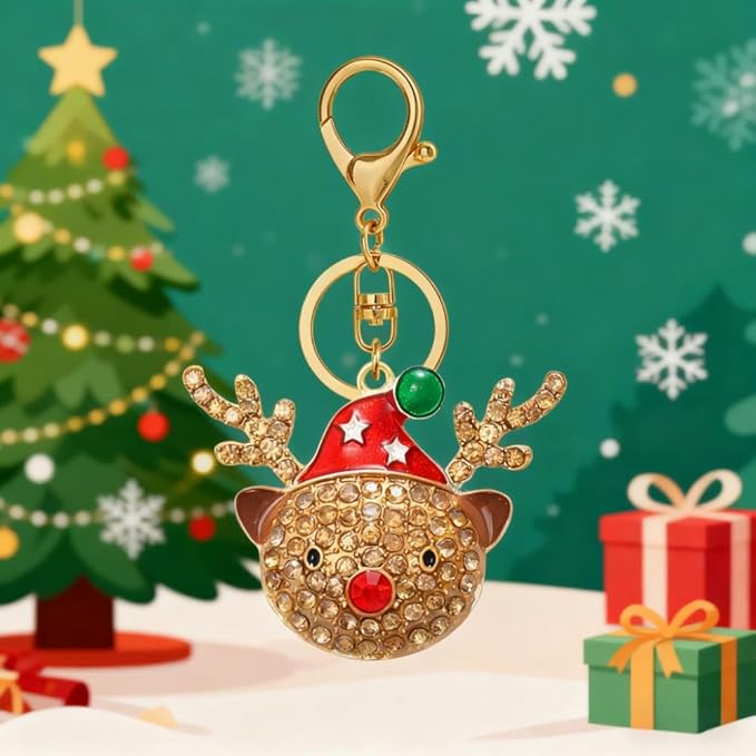 Dreuyet Christmas Keychain Rhinestone Crystal Christmas Tree Santa Purse Bag Handbags Charms for Women Lady Friends