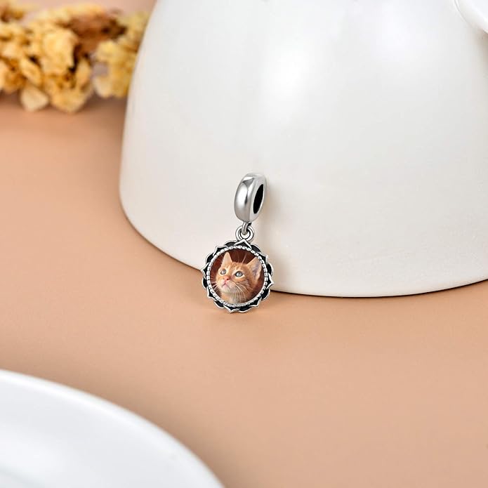 LONAGO 925 Sterling Silver Personalized Photo Charm Fit Compatible for Bracelet Necklace Customized Heart Round Shape Picture Bead