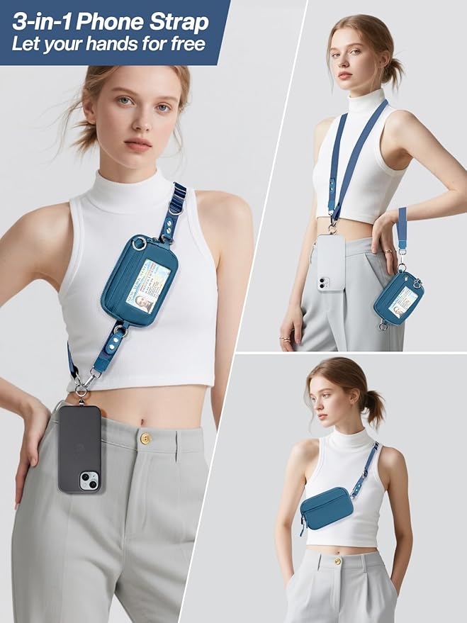 Clip and Go Strap for Phone with Wallet Crossbody Phone Lanyard Adjustable and Detachable RFID Wristlet Wallet with ID Window and Zipper, Blue