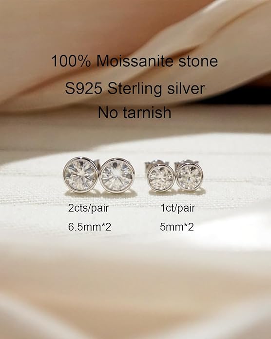 BLINGDIARY Moissanite Stud Earrings, 925 Sterling Silver 18K White Gold Plating Studs for Women Men, Wedding Jewelry Engagement Earrings
