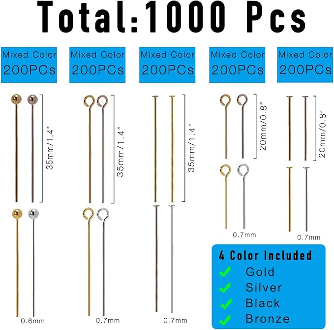 Jewelry Making Head Pins and Eye Pins Set, 1000 Pieces, Stainless Steel, Mixed Finishes (Mixed Color)