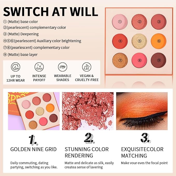 9-Color Warm Matte Shimmer Glitter Eyeshadow Palette – High Pigment Orange, Coral, Pink & Brown Shades, Long-Lasting Waterproof Blendable Eye Makeup for Summer, Daily, and Glam Looks
