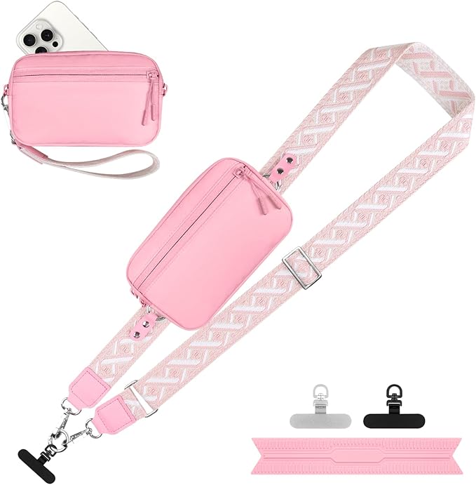 Clip and Go Strap for Phone with Wallet Crossbody, Adjustable Phone Lanyard with Detachable RFID Wristlet Wallet, Pattern Strap - Pink(L)