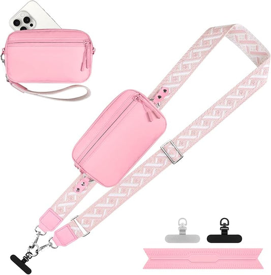 Clip and Go Strap for Phone with Wallet Crossbody, Adjustable Phone Lanyard with Detachable RFID Wristlet Wallet, Pattern Strap - Pink(L)