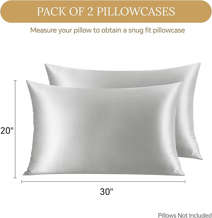 INFIIXSO Mulberry Silk Pillowcase for Hair and Skin, Silk Pillow Cases Queen Size Set of 2 with Hidden Zipper 20x30 Inches, Ultra Soft Cooling Pillow Cases for Hot Sleepers(Light Grey, 2 Pack)