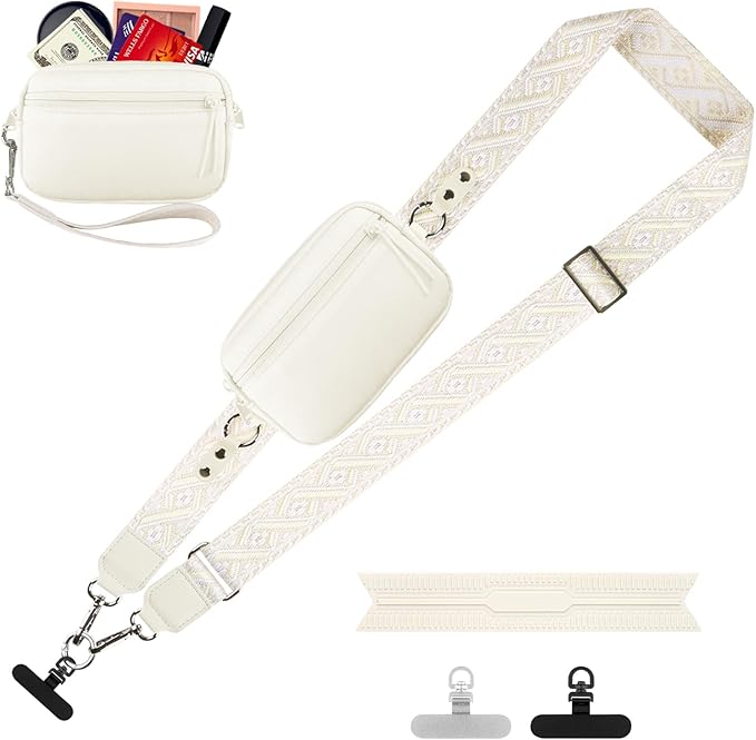 Clip and Go Strap for Phone with Wallet Crossbody, Adjustable Phone Lanyard with Detachable RFID Wristlet Wallet, Pattern Strap, Cream (M)