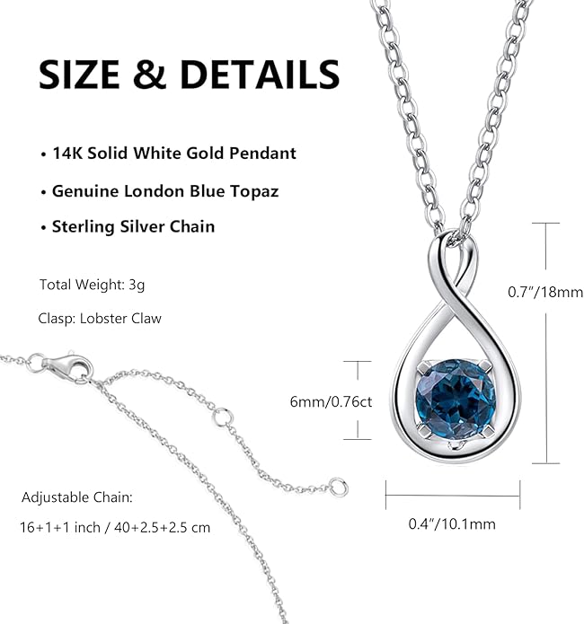 FANCIME 14K Solid Gold Birthstone Pendant with Sterling Silver Chain Infinity Gemstone Necklace Fine Jewelry Anniversary Birthday Christmas Gifts for Women Wife Her