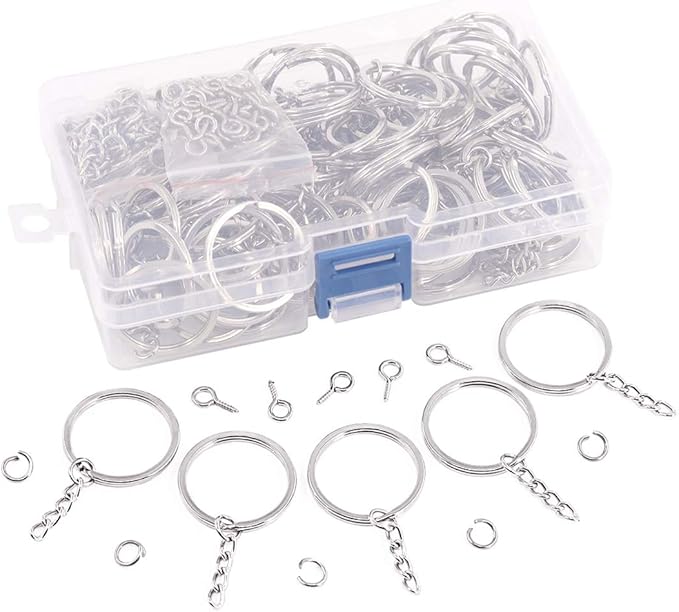 Swpeet 300Pcs 6/5 Inch 30mm Sliver Flat Key Chain Rings Kit, Including 100Pcs Split Keychain Rings with Chain and 100Pcs Jump Ring with 100Pcs Screw Eye Pins Bulk for Jewelry Findings Making