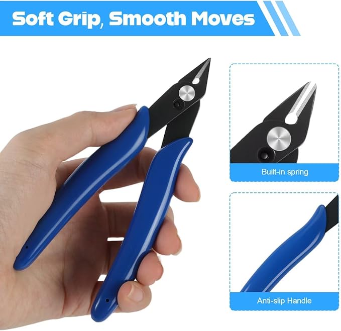 QBY Micro 170 Wire Cutters, 5'' Precision Flush Cutters with Spring, Diagonal Side Cutting Pliers for Jewelry Making, 3D Printing, Electronics, Crafting and Plastic Models, Blue, 2 Pack