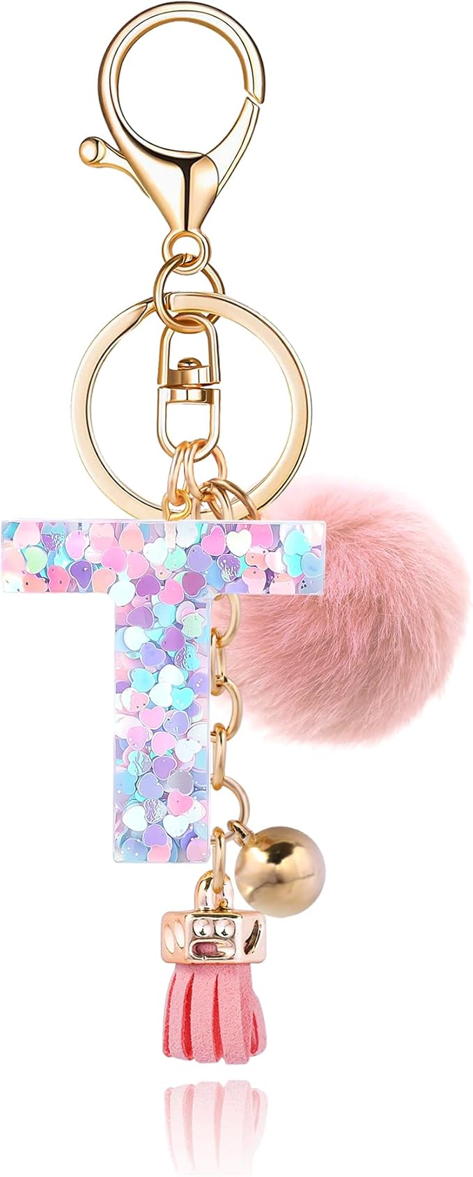Resin Alphabet Initial Letter Keychain Keyring for Women Purse Handbags With Fur Ball Pom