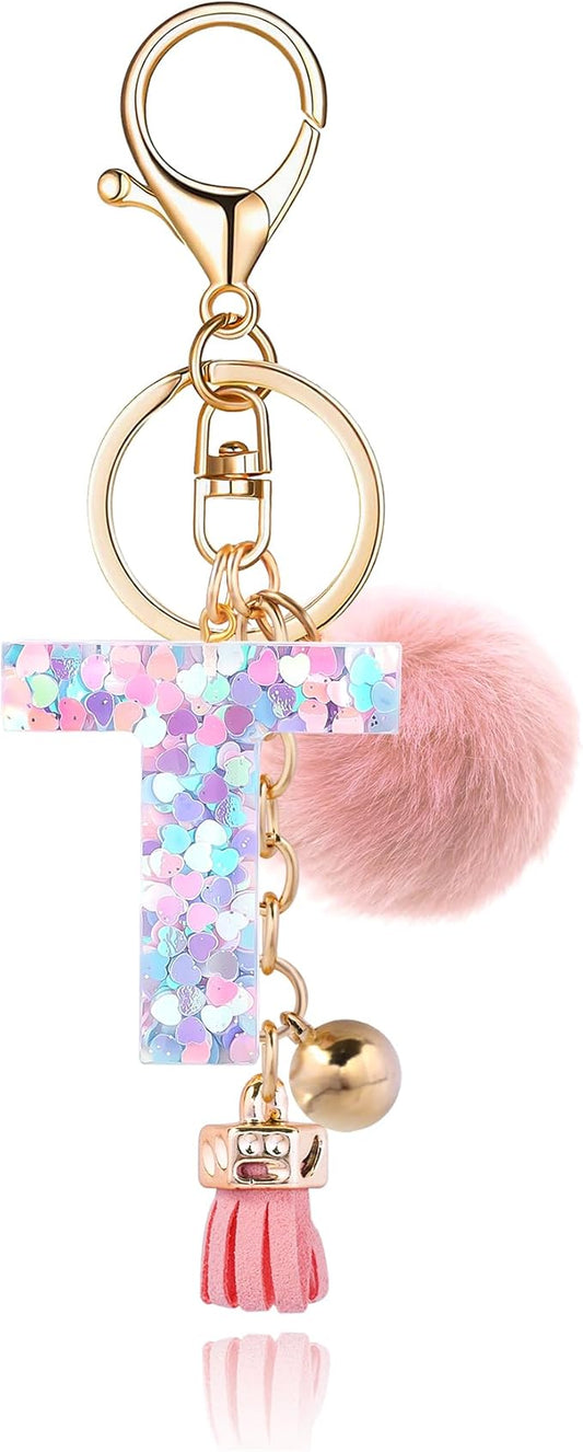 Resin Alphabet Initial Letter Keychain Keyring for Women Purse Handbags With Fur Ball Pom