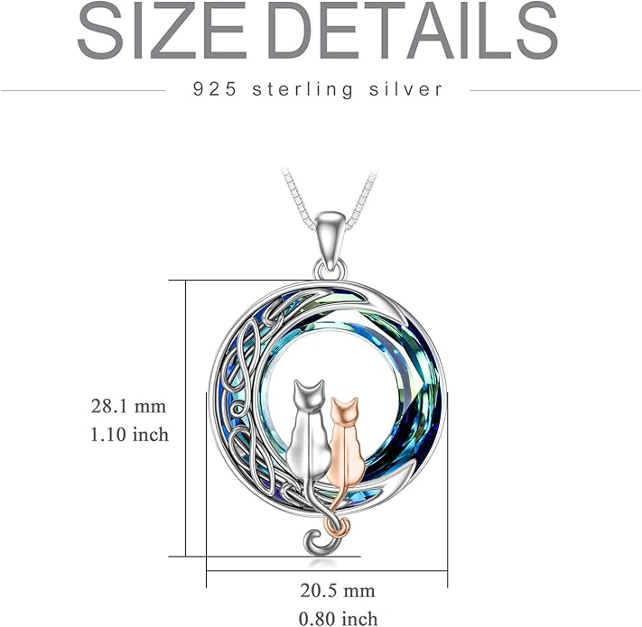 TOUPOP Cat Gifts for Cat Lovers One Two Three Four Cats Necklace Sterling Silver Cats on the Moon Pendant Necklace with Blue Circle Crystal Birthday Christmas Celtic Jewelry Gifts for Women