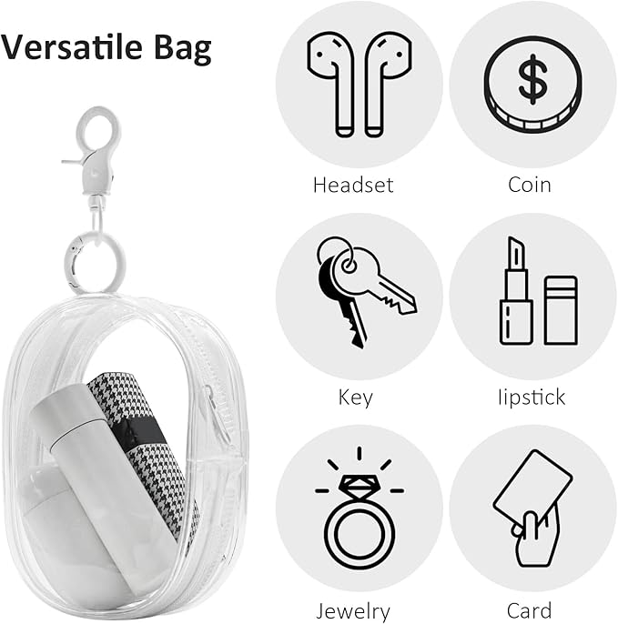 Enkrio 2PCS Mini Clear Makeup Bag Keychain Pouch with Zipper Clear Figure Display Bag Coin Purse Card Holder Data Cable Organizer (White)