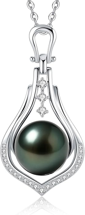 Genuine Tahitian Black Pearl Necklace for Women, 9-13mm AAAA Seawater Pearl - Sterling Silver Moissanite Pendant, Wedding Anniversary, Birthday, Christmas Gift for Wife, Mom, Girlfriend, Fine Jewelry