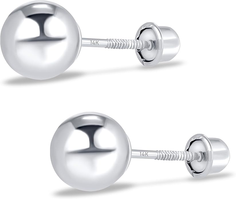 14k Real White Gold Ball Stud Earrings for Women & Men (2mm-8mm Diameter) - Real 14k Gold, Secure Screw Back Design