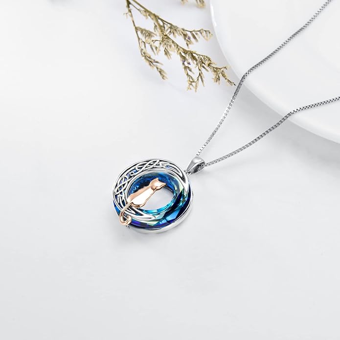 TOUPOP Cat Gifts for Cat Lovers One Two Three Four Cats Necklace Sterling Silver Cats on the Moon Pendant Necklace with Blue Circle Crystal Birthday Christmas Celtic Jewelry Gifts for Women