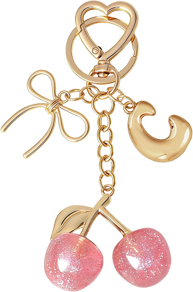 Snycler Bubble Initial Keychain with Cherry & Bow - Gold Letter Bag Charms for Women, Cute Purse Handbag Accessories